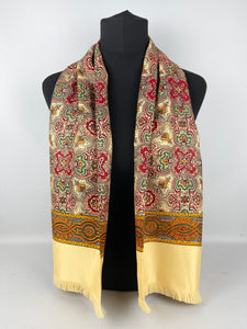 1940's Rayon Gents Scarf in Mustard, Red and Green with Fringing