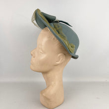 Load image into Gallery viewer, Original 1930’s 1940’s Blue Grey Bogie De Bow Felt Hat with Bow and Net Trim with Matching Hat Pins
