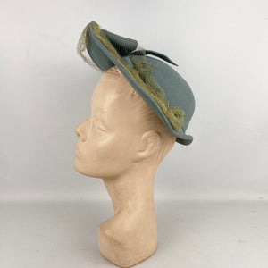 Original 1930’s 1940’s Blue Grey Bogie De Bow Felt Hat with Bow and Net Trim with Matching Hat Pins