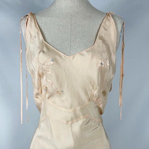 Original 1930s Pure Silk Bias Cut Nightdress with Floral Applique - Bust 34 35 36