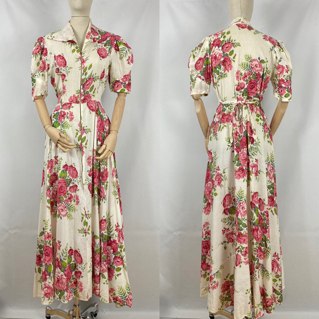 Original 1940s White Hostess Gown with Pretty Pink Rose Print - Great Maxi Dress - Bust 36