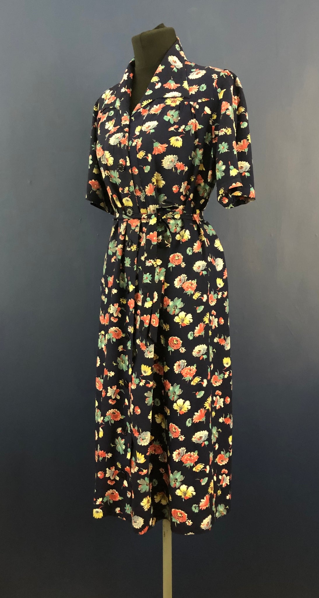 CC41 Navy Floral Cotton House Dress - Bust 38" 40 1940s Style For You CC41 Navy Floral Cotton House Dress - Bust 38" 40 1940s Style For You