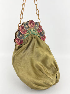 Original 1920s Painted Celluloid Frame Gold Fabric Evening Bag