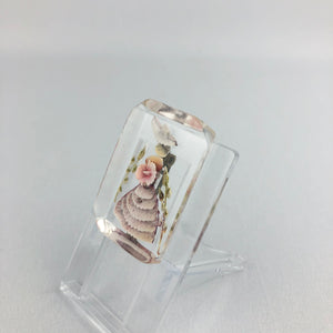 Original 1940s Rectangular Reverse Carved Lucite Brooch with Crinoline Lady and Flowers