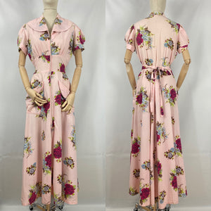 Original 1940s Hostess Gown in Pretty Pink Rose Print - Great Maxi Dress - Bust 36 38