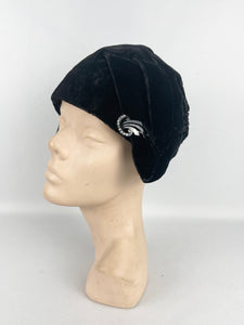 Original 1920s Black Cotton Velvet Cloche with Celluloid and Paste Hat Flash