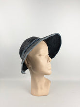 Load image into Gallery viewer, Utterly Charming 1920s 1930s Black Straw Hat with Blue Velvet Trim
