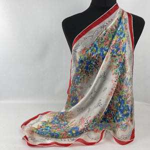 Original 1950's Fine Sheer Silk Scarf with Fabulous Floral Print and Red Border