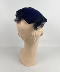 Original 1940's Blue Felt Topper Hat with Net and White Floral Trim *