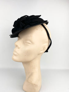 Original 1940s Dark Brown Felt Topper Hat with Triple Felt Flower Trim