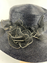 Load image into Gallery viewer, Original 1940&#39;s Dark Blue Lacquered Straw Hat with Net Covered Flower Trim by Peter Robinson *
