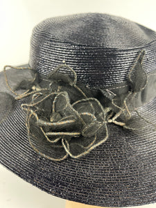 Original 1940's Dark Blue Lacquered Straw Hat with Net Covered Flower Trim by Peter Robinson *