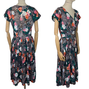 Original 1950's Grey Floral Crinkle Crepe Dress with Crossover Front - Bust 34 36 *