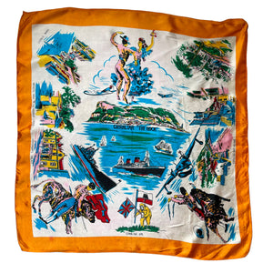 Vintage Artificial Silk Scarf with Monkeys, Planes and Boats in a Orange Border - Gibraltor Tourist Piece - Great Turban or Headscarf