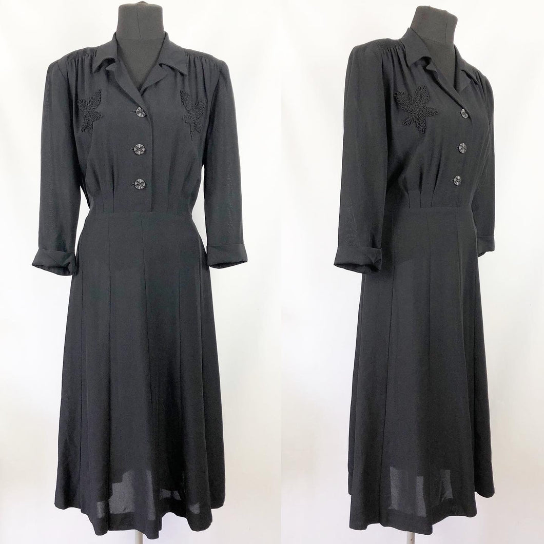 1940s Black Dress with Applique Detail - Bust 40 42