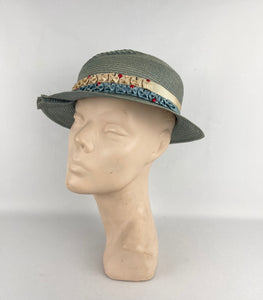Original 1930's Blue Green Straw Hat with Grosgrain and Glass Bead Trim