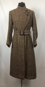 1930s Brown and Cream Stripe Tweed Belted Coat with Double Collar - Bust 36 38