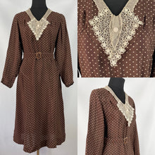 Load image into Gallery viewer, Original 1930s Brown and Cream Crepe Belted Polka Dot Dress with Lace and Chiffon Collar - Bust 34 35
