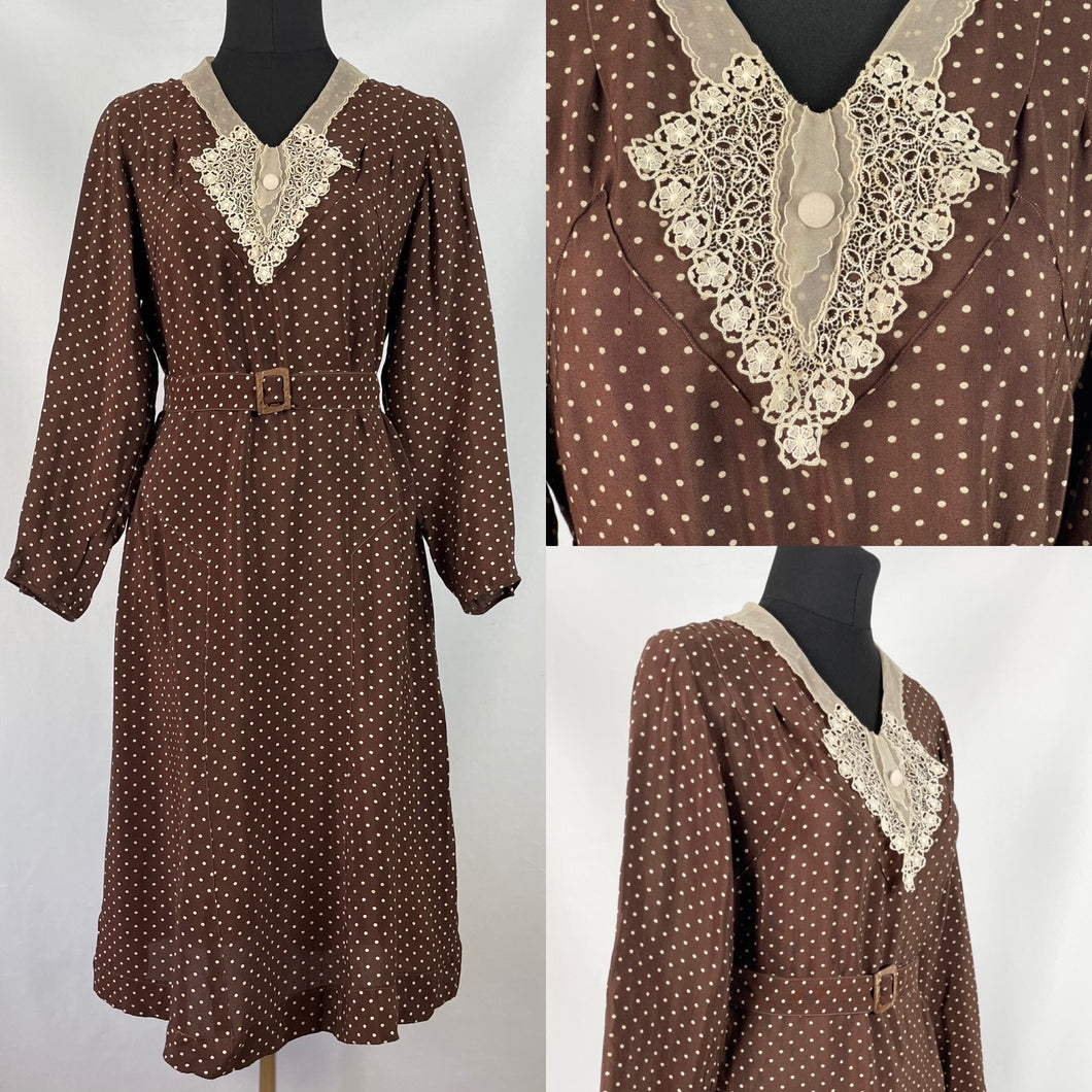 Original 1930s Brown and Cream Crepe Belted Polka Dot Dress with Lace and Chiffon Collar - Bust 34 35