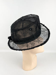 Original 1940s Black Lace Hat with Wire Frame and Bow Trim
