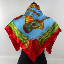 Load image into Gallery viewer, Vintage Artificial Silk Scarf in Bright Blue and Covered with Guitars and Sheet Music - Great Turban or Headscarf
