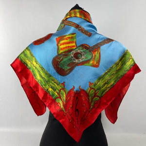 Vintage Artificial Silk Scarf in Bright Blue and Covered with Guitars and Sheet Music - Great Turban or Headscarf