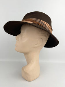 Original 1940's American Made Dark Brown Felt Fedora with Stripe Trim - Draper Saks