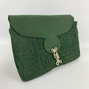 1930s 1940s Forest Green Crepe Evening Clutch Bag with Paste Set Clasp