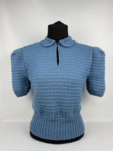 Reproduction 1940s Hand Knitted Jumper in Soft Blue with Smart Collar - Bust 38"