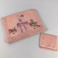 Load image into Gallery viewer, 1930s peach Satin Beaded Clutch with Crinoline Lady Design and Tiny Coin Purse
