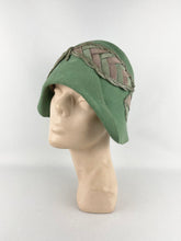Load image into Gallery viewer, Original 1920s Soft Green Felt Cloche Hat with Wonderful Green and Pink Applique
