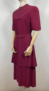 Original 1930s Belted Burgundy Crepe Tunic Dress with Pin Tucked Bodice and Sleeves - Bust 35 36