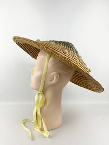 Original 1940s 1950s Tri Colour Conical Straw Hat with Ribbon Tie and Bobble Trim