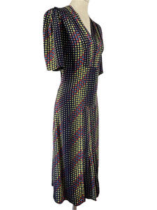 Original 1930s Day Dress - Navy with Red, Green, Yellow and Blue Dot Print - Bust 36 37 38