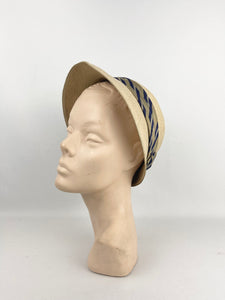 Original 1930s Panana Straw Hat with Striped Band Trim