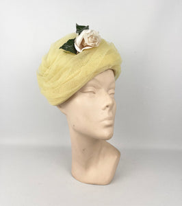 Original 1950's 1960's Yellow Net Hat with Rose Floral Trim - "A Jan Dec Hat"