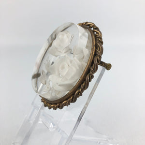 Original French 1950s Reverse Carved Lucite Brooch with White Roses in a Metal Frame
