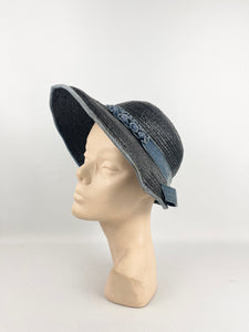 Utterly Charming 1920s 1930s Black Straw Hat with Blue Velvet Trim