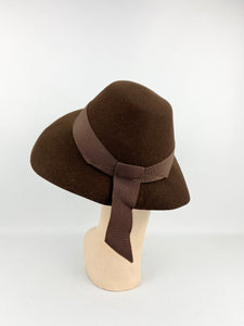 Original Late 1930s Early 1940s Chocolate Brown Felt Hat - Classic Shape