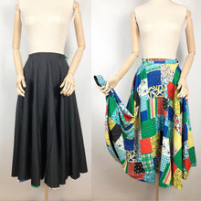 Load image into Gallery viewer, Original 1950s Reversible Circle Skirt in Patchwork Print and Black - Waist 28&quot;
