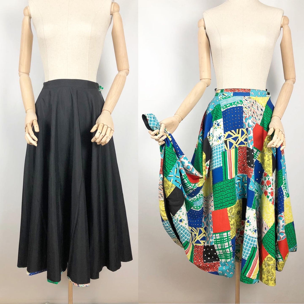 Original 1950s Reversible Circle Skirt in Patchwork Print and Black - Waist 28