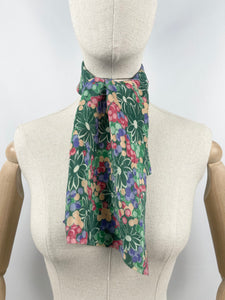 Original 1930's Soft Silk Scarf or Headscarf in Green, Magenta, Purple, White and Brown - Great Christmas Gift