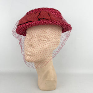 Original 1940's Stunning Pink Coarse Straw Hat with Grosgrain Trim and Face Veil