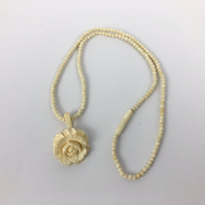 1930s 1940s Carved Bovine Bone Rose Pendant and Necklace - 16" long