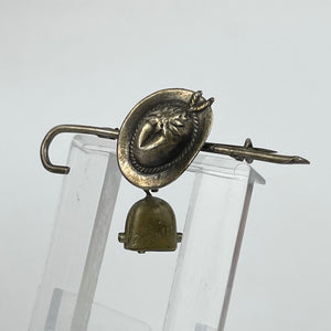 1930s 1940s White Metal Tyrolean German Novelty Brooch with Walking Stick, Hat and Cow Bell