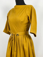 Load image into Gallery viewer, Original 1950s Lightweight Wool Dress with Original Belt in Mustard - Bust 34
