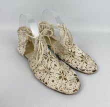 Load image into Gallery viewer, Original 1940&#39;s Make Do and Mend Homemade Summer Sandals in Crochet with Ankle Ties - UK size 5
