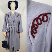 Load image into Gallery viewer, REPRODUCTION 1940s Blue Wool Coat with Burgundy Soutache Trim and Tie Belt - Bust 40 42
