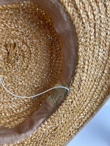 Original 1930's Wide Brimmed Natural Straw Hat with Cluster of Fabric Flowers