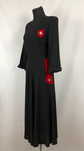 1940s Black Crepe Dress with Red Velvet Trim and Paste Detail - Bust 36 37 38
